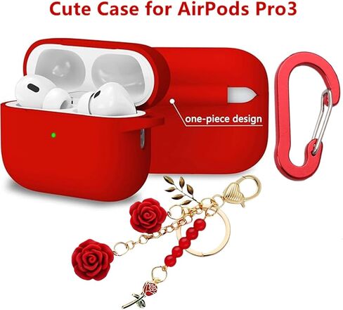 حافظة لجهاز Airpods Pro 3 مع سلسلة مفاتيح لطيفة، غطاء واقٍ من السيليكون المقاوم للصدمات زهور ساحرة لجهاز Apple Airpod Pro الجيل الثالث حافظة لشحن سماعات الرأس للنساء والفتيات (أحمر) in Kuwait