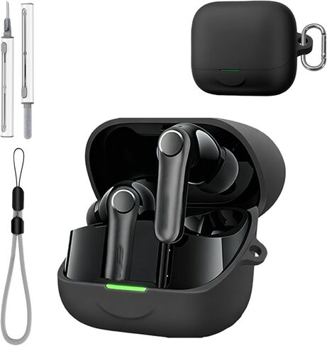 حافظة لجهاز EarFun Air Pro 4+ مع مجموعة منظف، سيليكون ناعم مع سلسلة مفاتيح وحبل قصير، حافظة حماية كاملة للرجال والنساء - أسود in Kuwait