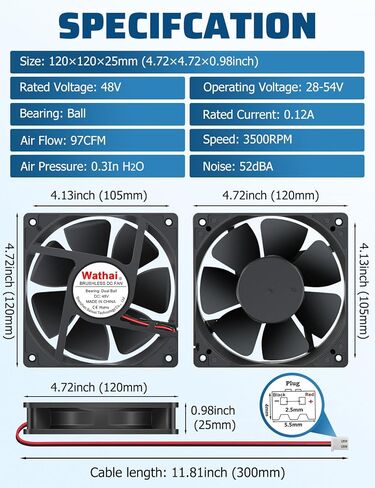Wathai 1225 48V 120mm DC مروحة تبريد بدون فرشاة كرة مزدوجة 2 دبوس 120x120x25mm للخوادم، NAS، المكونات الإلكترونية in Saudi Arabia