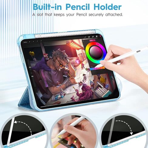 حافظة لجهاز iPad A16 الجيل الحادي عشر 11 بوصة 2025، iPad الجيل العاشر 10.9 بوصة 2022 مع حامل أقلام، غطاء خلفي شفاف من البولي كربونات بتصميم لامع لطيف، أزرق in Kuwait