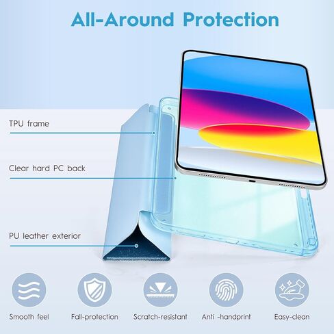 حافظة لجهاز iPad A16 الجيل الحادي عشر 11 بوصة 2025، iPad الجيل العاشر 10.9 بوصة 2022 مع حامل أقلام، غطاء خلفي شفاف من البولي كربونات بتصميم لامع لطيف، أزرق in Kuwait