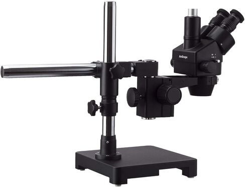 AmScope 7X-90X Black Trinocular Stereo Zoom Microscope on Single Arm Boom Stand + 144 LED Compact Ring-Light with 10MP Camera in Saudi Arabia