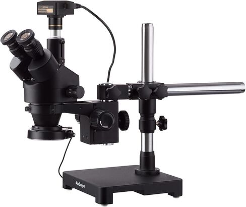 AmScope 7X-135X Black Trinocular Stereo Zoom Microscope on Single Arm Boom Stand + 144 LED Compact Ring-Light with 5MP USB3.0 Camera in Saudi Arabia