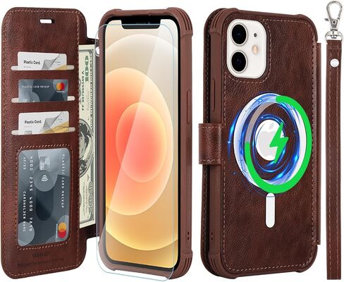 جراب VANAVAGY متوافق مع iPhone 12/12 Pro للشحن اللاسلكي Magsafe، غطاء هاتف قابل للطي من جلد البولي يوريثان مع حزام معصم RFID وواقي شاشة حامل بطاقات، ذهبي وردي in Kuwait