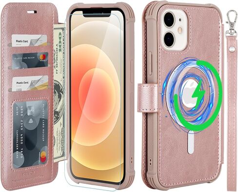 جراب VANAVAGY متوافق مع iPhone 12/12 Pro للشحن اللاسلكي Magsafe، غطاء هاتف قابل للطي من جلد البولي يوريثان مع حزام معصم RFID وواقي شاشة حامل بطاقات، ذهبي وردي in Kuwait