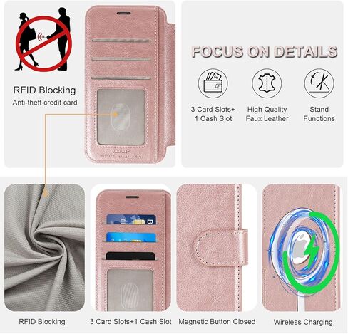 جراب VANAVAGY متوافق مع iPhone 12/12 Pro للشحن اللاسلكي Magsafe، غطاء هاتف قابل للطي من جلد البولي يوريثان مع حزام معصم RFID وواقي شاشة حامل بطاقات، ذهبي وردي in Kuwait