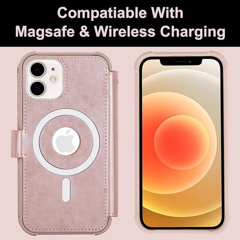 جراب VANAVAGY متوافق مع iPhone 12/12 Pro للشحن اللاسلكي Magsafe، غطاء هاتف قابل للطي من جلد البولي يوريثان مع حزام معصم RFID وواقي شاشة حامل بطاقات، ذهبي وردي in Kuwait