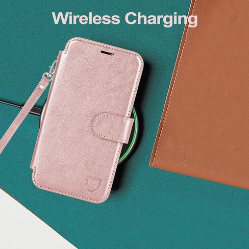 جراب VANAVAGY متوافق مع iPhone 12/12 Pro للشحن اللاسلكي Magsafe، غطاء هاتف قابل للطي من جلد البولي يوريثان مع حزام معصم RFID وواقي شاشة حامل بطاقات، ذهبي وردي in Kuwait