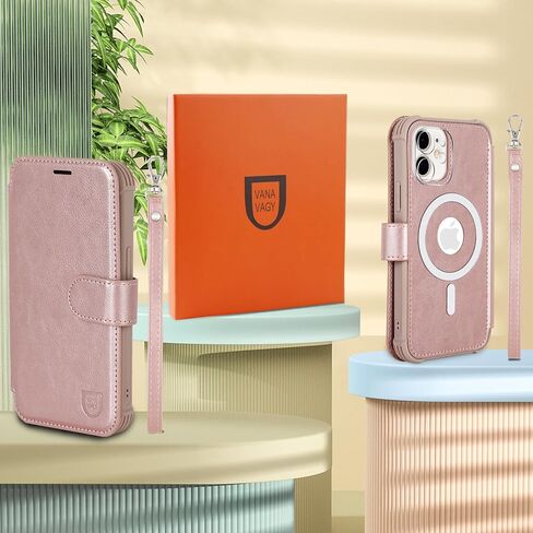 جراب VANAVAGY متوافق مع iPhone 12/12 Pro للشحن اللاسلكي Magsafe، غطاء هاتف قابل للطي من جلد البولي يوريثان مع حزام معصم RFID وواقي شاشة حامل بطاقات، ذهبي وردي in Kuwait