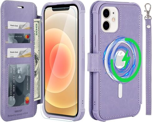 جراب VANAVAGY متوافق مع iPhone 12/12 Pro للشحن اللاسلكي Magsafe، غطاء هاتف قابل للطي من جلد البولي يوريثان مع حزام معصم RFID وواقي شاشة حامل بطاقات، ذهبي وردي in Kuwait