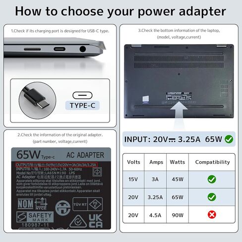 65w سلك الطاقة محول التيار المتردد USB نوع C بديل لـ Dell Latitude 5520 5420 5290 7340 5340 5440 7400 7440 7450 2in1 Series Xps 13 9320 9370 Inspiron 14 16 7430 20V 3.25A HA65NM190 شاحن الكمبيوتر المحمول in Kuwait