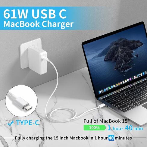 شاحن Mac Book Pro - شاحن USB C بقوة 61 وات متوافق مع Mac Book Air/Pro 16 15 14 13 بوصة، M1 M2 M3 M4، ipad Pro وجميع أجهزة USB C، كابل USB-C بطول 6.6 قدم in Kuwait
