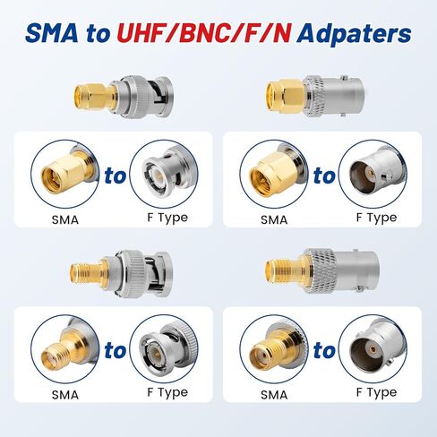 Anina 8-Pack SMA إلى BNC طقم محول 50 أوم RF موصلات محورية نحاس مطلي بالذهب مجموعة كاملة ذكر/أنثى لراديو الترددات اللاسلكية والهوائي والتلفزيون ومعدات الاختبار in Kuwait