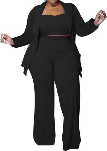 IyMoo Women's Plus Size 3 Piece Sets Outfit Tracksuit Crop Top Blazer Jacket and Wide Leg Long Pants Jumpsuit Romper Suits in Kuwait