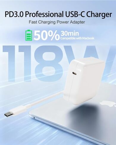شاحن USB C سريع 118 واط متوافق مع MacBook Pro/Air 17/16/15/14/13 بوصة، M1 M2 M3 M4، iPad Pro، متوافق مع جميع محولات طاقة الأجهزة من النوع C مع كابل USB C إلى C بطول 6.6 قدم in Kuwait