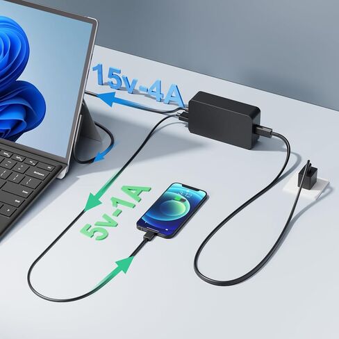 65W Surface Pro Charger for Surface Pro 11,10, 9, 8, 7, 6, 5, 4, 3, X,Microsoft Surface Laptop 6, 5, 4, 3, 2,1, Surface Go Tablet, Surface Book 3, 2, 1, 9ft, with USB Charging Port LED,Supply 44W, 36W in Kuwait