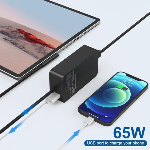 65W Surface Pro Charger for Surface Pro 11,10, 9, 8, 7, 6, 5, 4, 3, X,Microsoft Surface Laptop 6, 5, 4, 3, 2,1, Surface Go Tablet, Surface Book 3, 2, 1, 9ft, with USB Charging Port LED,Supply 44W, 36W in Kuwait