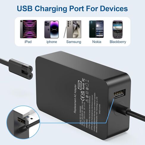 65W Surface Pro Charger for Surface Pro 11,10, 9, 8, 7, 6, 5, 4, 3, X,Microsoft Surface Laptop 6, 5, 4, 3, 2,1, Surface Go Tablet, Surface Book 3, 2, 1, 9ft, with USB Charging Port LED,Supply 44W, 36W in Kuwait