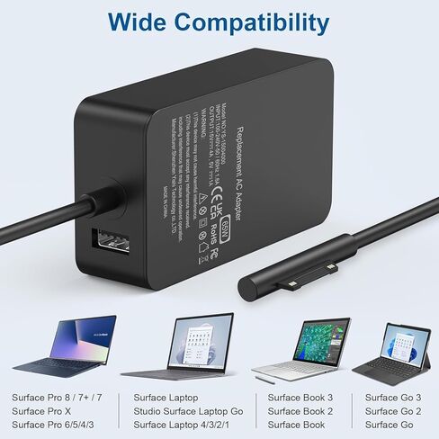 65W Surface Pro Charger for Surface Pro 11,10, 9, 8, 7, 6, 5, 4, 3, X,Microsoft Surface Laptop 6, 5, 4, 3, 2,1, Surface Go Tablet, Surface Book 3, 2, 1, 9ft, with USB Charging Port LED,Supply 44W, 36W in Kuwait