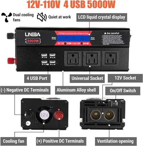 عاكس طاقة 5000 واط مع شاشة LED، 3 منافذ تيار متردد، 4 منافذ USB، محول تيار متردد 12 فولت إلى 110 فولت تيار متردد للسيارة، السيارة الترفيهية، الشاحنة، النظام الشمسي خارج الشبكة، التخييم in Kuwait