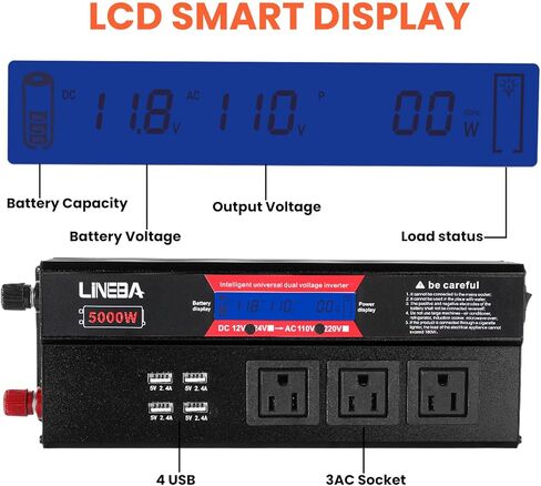 عاكس طاقة 5000 واط مع شاشة LED، 3 منافذ تيار متردد، 4 منافذ USB، محول تيار متردد 12 فولت إلى 110 فولت تيار متردد للسيارة، السيارة الترفيهية، الشاحنة، النظام الشمسي خارج الشبكة، التخييم in Kuwait