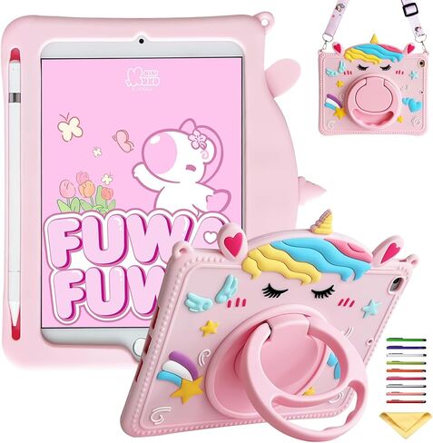 حافظة أطفال لجهاز iPad 9th/8th/7th Gen 10.2 بوصة (2021/2020/2019)، iPad Air 3rd Gen 2019/iPad Pro 10.5 بوصة 2017، UUcovers 360 درجة غطاء حامل بمقبض حلقي مع حامل قلم رصاص/حزام كتف، يونيكورن وردي in Kuwait