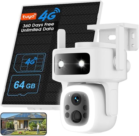 4G LTE Cellular Security Camera,Solar Powered No WiFi Needed Outdoor Camera 365 Days Free Unlimited 4G Data, 1 Year Free Unlimited Data, Remote Monitoring, Built-in SIM Card, 64GB Storage in Saudi Arabia