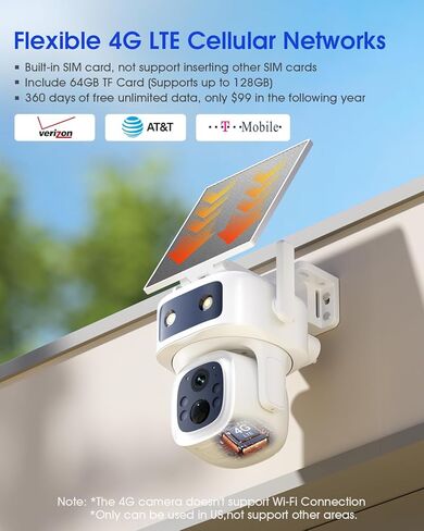 4G LTE Cellular Security Camera,Solar Powered No WiFi Needed Outdoor Camera 365 Days Free Unlimited 4G Data, 1 Year Free Unlimited Data, Remote Monitoring, Built-in SIM Card, 64GB Storage in Saudi Arabia