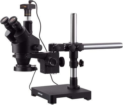 AmScope 7X-135X Black Trinocular Stereo Zoom Microscope on Single Arm Boom Stand + 144 LED Compact Ring-Light with USB2.0 5MP Camera in Saudi Arabia
