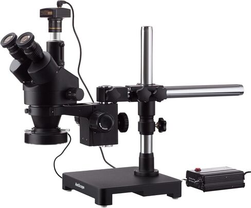 AmScope 7X-45X مجهر تكبير ستيريو ثلاثي العينيات أسود على حامل بذراع واحد مع ضوء حلقة 80-LED عالي التحمل وكاميرا رقمية 10 ميجابكسل USB2.0 in Saudi Arabia