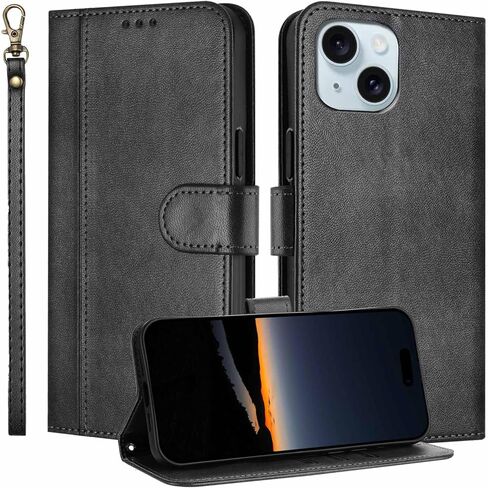 حافظة JanCalm لهاتف iPhone 15 مع محفظة، وفتحات للنقود لحامل البطاقات، وحزام معصم قابل للفصل، وغطاء مصمم بشكل بسيط، وواقي هاتف من جلد البولي يوريثان الفاخر، وحافظات قلابة بحامل (أسود) in Kuwait