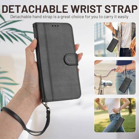حافظة JanCalm لهاتف iPhone 15 مع محفظة، وفتحات للنقود لحامل البطاقات، وحزام معصم قابل للفصل، وغطاء مصمم بشكل بسيط، وواقي هاتف من جلد البولي يوريثان الفاخر، وحافظات قلابة بحامل (أسود) in Kuwait