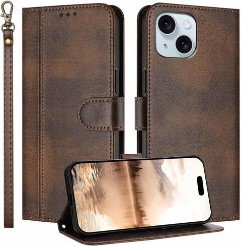 حافظة JanCalm لهاتف iPhone 15 مع محفظة، وفتحات للنقود لحامل البطاقات، وحزام معصم قابل للفصل، وغطاء مصمم بشكل بسيط، وواقي هاتف من جلد البولي يوريثان الفاخر، وحافظات قلابة بحامل (أسود) in Kuwait