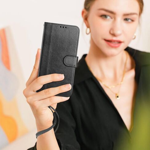 حافظة JanCalm لهاتف iPhone 15 مع محفظة، وفتحات للنقود لحامل البطاقات، وحزام معصم قابل للفصل، وغطاء مصمم بشكل بسيط، وواقي هاتف من جلد البولي يوريثان الفاخر، وحافظات قلابة بحامل (أسود) in Kuwait