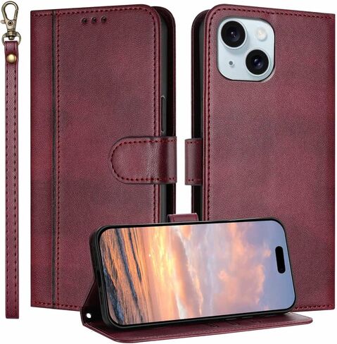 حافظة JanCalm لهاتف iPhone 15 مع محفظة، وفتحات للنقود لحامل البطاقات، وحزام معصم قابل للفصل، وغطاء مصمم بشكل بسيط، وواقي هاتف من جلد البولي يوريثان الفاخر، وحافظات قلابة بحامل (أسود) in Kuwait