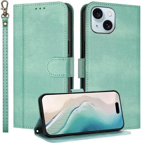 حافظة JanCalm لهاتف iPhone 15 مع محفظة، وفتحات للنقود لحامل البطاقات، وحزام معصم قابل للفصل، وغطاء مصمم بشكل بسيط، وواقي هاتف من جلد البولي يوريثان الفاخر، وحافظات قلابة بحامل (أسود) in Kuwait