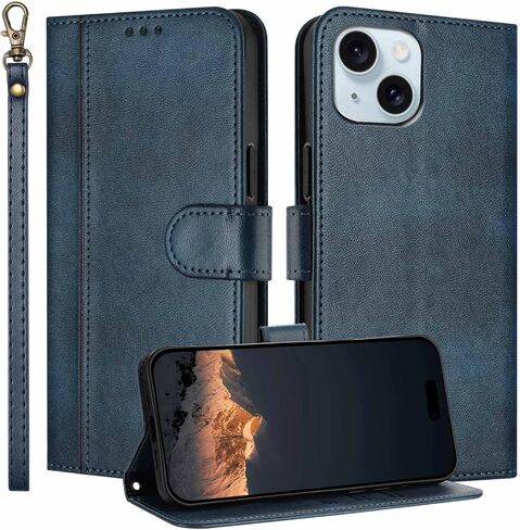 حافظة JanCalm لهاتف iPhone 15 مع محفظة، وفتحات للنقود لحامل البطاقات، وحزام معصم قابل للفصل، وغطاء مصمم بشكل بسيط، وواقي هاتف من جلد البولي يوريثان الفاخر، وحافظات قلابة بحامل (أسود) in Kuwait