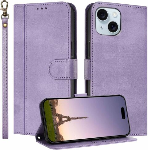 حافظة JanCalm لهاتف iPhone 15 مع محفظة، وفتحات للنقود لحامل البطاقات، وحزام معصم قابل للفصل، وغطاء مصمم بشكل بسيط، وواقي هاتف من جلد البولي يوريثان الفاخر، وحافظات قلابة بحامل (أسود) in Kuwait