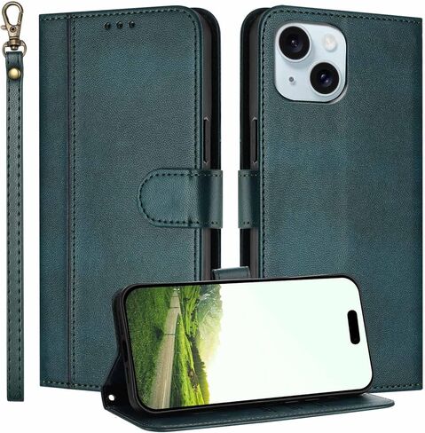 حافظة JanCalm لهاتف iPhone 15 مع محفظة، وفتحات للنقود لحامل البطاقات، وحزام معصم قابل للفصل، وغطاء مصمم بشكل بسيط، وواقي هاتف من جلد البولي يوريثان الفاخر، وحافظات قلابة بحامل (أسود) in Kuwait