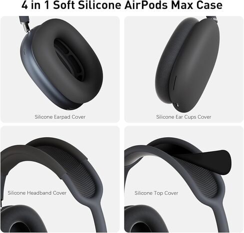 غطاء حافظة من السيليكون لجهاز AirPods Max، أغطية وسادات أذن بتصميم معزز لوسائد سماعات AirPods Max، حافظة أكواب الأذن، مجموعة لف عصابة الرأس، حماية كاملة من العرق لسماعات الأذن، أسود [4 في 1] in Kuwait