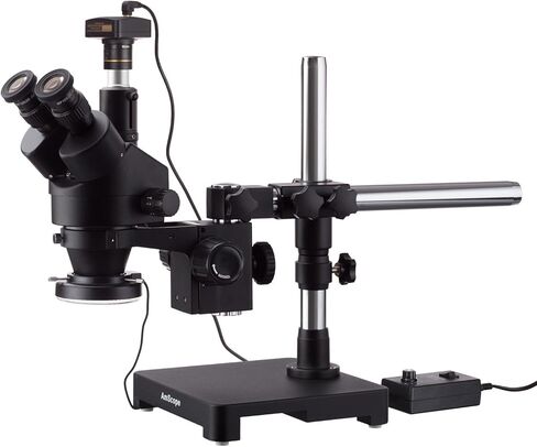 AmScope 7X-45X Black Trinocular Stereo Zoom Microscope on Single Arm Boom Stand + 144 LED Ring-Light with USB2.0 10MP Camera in Saudi Arabia
