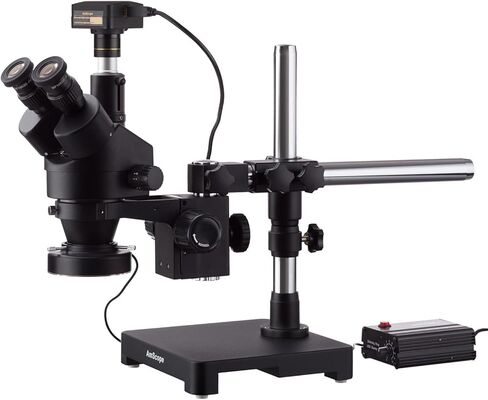 AmScope 7X-90X مجهر تكبير ستيريو ثلاثي العينيات أسود على حامل ذراع واحد مع ضوء حلقة 80-LED عالي التحمل وكاميرا رقمية 10 ميجابكسل USB3.0 in Saudi Arabia