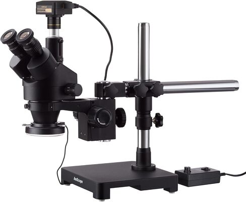 AmScope 3.5X-45X Black Trinocular Stereo Zoom Microscope on Single Arm Boom Stand + 144 LED Ring-Light with 10MP USB3.0 Camera in Saudi Arabia