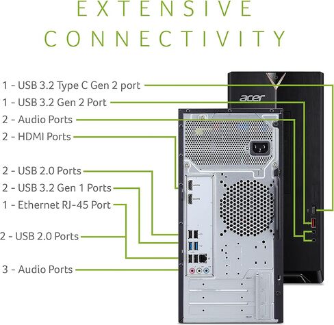 كمبيوتر مكتبي أيسر أسباير TC-1660-UR17 | معالج انتل كور i5-10400 سداسي النواة من الجيل العاشر | 12 جيجابايت 2666 ميجا هرتز DDR4 | 512 جيجا بايت NVMe M.2 SSD | 8X دي في دي | إنتل واي فاي لاسلكي 6 | ويندوز 10 بروفيشنال in Kuwait