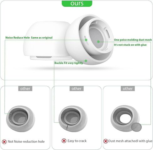 4 أزواج من أطراف الأذن البديلة لأجهزة AirPods Pro 1 و2 - سيليكون ممتاز غير قابل للانزلاق مع فتحات لتقليل الضوضاء وشاشة مدمجة للحماية من الغبار، تتضمن مجموعة تنظيف وصندوق تخزين (XS/S/M/L أخضر) in Kuwait