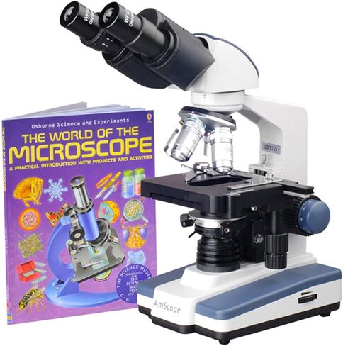 AmScope B120A-WM Siedentopf Binocular Compound Microscope, 40X-1600X Magnification, Brightfield, LED Illumination, Abbe Condenser, Double-Layer Mechanical Stage, Includes Book in Saudi Arabia