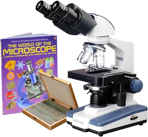 AmScope B120B-WM-PS100 Siedentopf Binocular Compound Microscope, 40X-2000X Magnification, Brightfield, LED Illumination, Abbe Condenser, Double-Layer Mechanical Stage, Includes Set of 100 Prepared Slides in Saudi Arabia