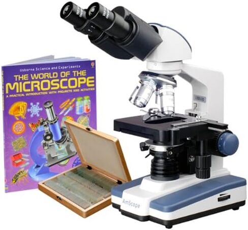 AmScope B120B-WM-PS100 Siedentopf Binocular Compound Microscope, 40X-2000X Magnification, Brightfield, LED Illumination, Abbe Condenser, Double-Layer Mechanical Stage, Includes Set of 100 Prepared Slides in Saudi Arabia