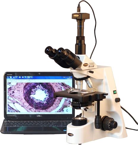 AmScope T690C-PL-8M Digital Trinocular Compound Microscope, 40X-2500X Magnification, WH10x and WH25x Super-Widefield Eyepieces, Infinity Plan Achromatic Objectives, Brightfield, Kohler Condenser, Double-Layer Mechanical Stage, Includes 8MP Camera with Red in Saudi Arabia