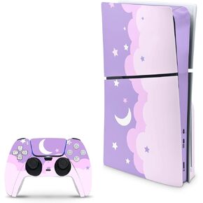 متوافق مع PS5 Slim Skin لوحدة التحكم وأجهزة التحكم من ZOOMHITSKINS، ملصق فينيل 3M، Cloud Moon Purple Star Kawaii Cartoon Fairy Magic Girl Night Sky، متين خالٍ من الفقاعات، مقطوع بدقة in Kuwait